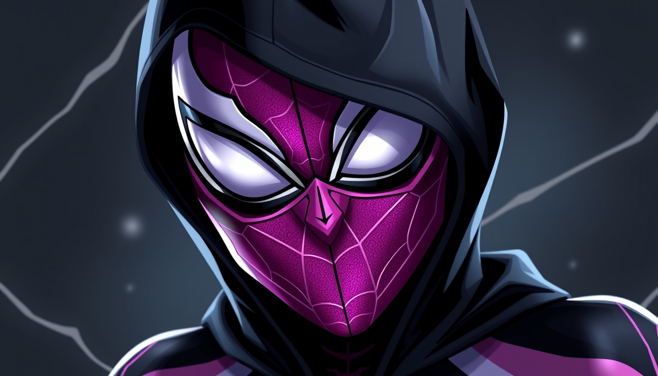 Main art studio: Spider gwen but her sute is black her eyes on her mask are white her hood is black. Instead of having webs on her their is cool magenta cyrcitry patte