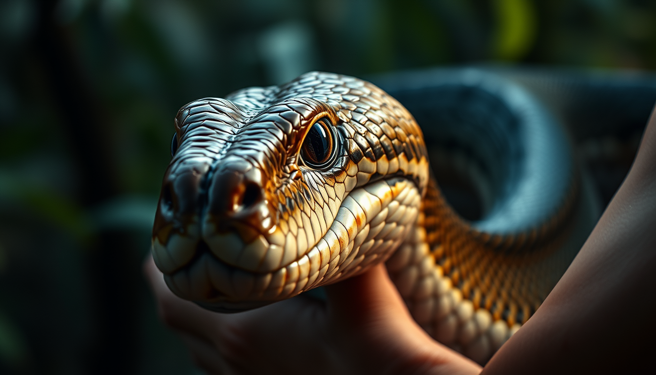 Realistic Images idea: photorealistic generated image, natural materials and skin texture, physically plausible lighting, Thirty metre long snake compared to human realistic
