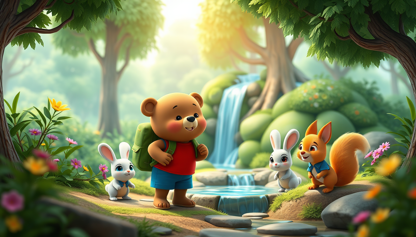 Main art studio: 3D animated children's cartoon. Bruno, a cute brown bear wearing a red T-shirt, blue shorts, and green backpack, explores a hidden forest path with Be