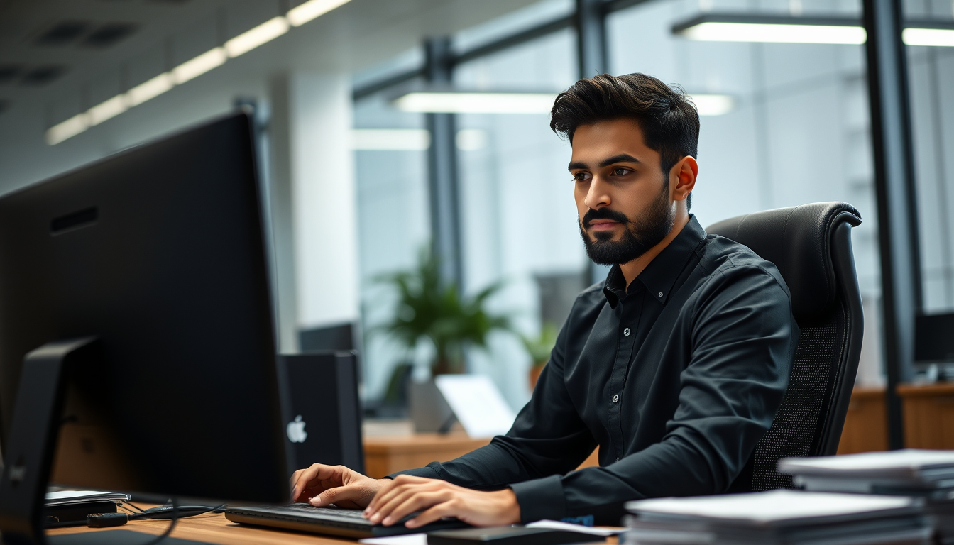 Main art studio: A highly realistic cinematic photo of a young Pakistani professional man sitting at his office desk, wearing a black formal shirt, working on a deskto