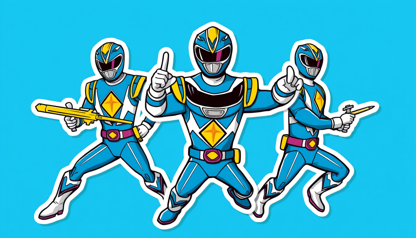 Stickers idea: custom sticker art, bold outline, isolated subject, vibrant color, kawaii or cartoon style, Create a sticker of full Body Blue Power Ranger operation