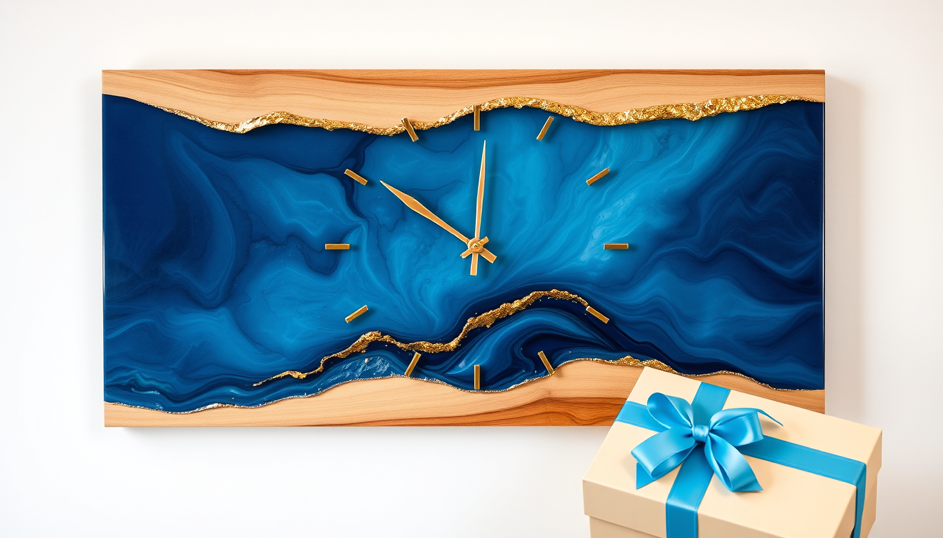 Main art studio: Handmade MDF wall clock with glossy resin art, blue ocean and gold colors, wooden base, elegant gift box with ribbon beside it, luxury handmade gift, 
