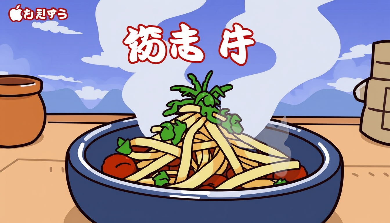 Main art studio: コックが🍛みんなに料理を配っている。明るく温かな食堂の中で、白いコック帽と清潔な制服を着たコックが、出来たての料理を一皿ずつ丁寧に手渡している。コックは笑顔で人々を喜ばせ、受け取る人たちも嬉しそうな表情で料理を受け取っている。テーブルには色鮮やかな料理や湯気の立つ食事が並び、周囲には仲間や家族が集