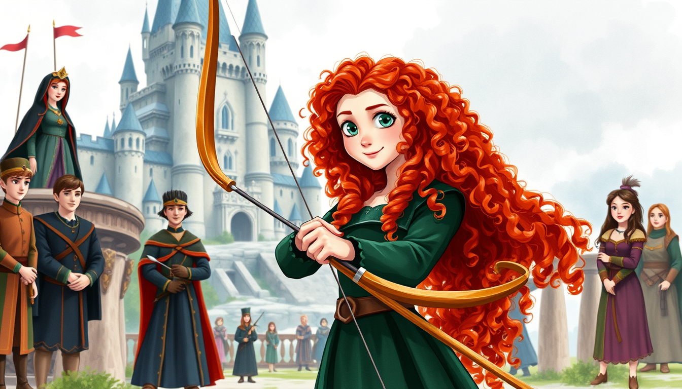 Main art studio: Same Merida character throughout the entire story: teenage Scottish princess, youthful face, very long wild curly bright red hair, expressive green ey