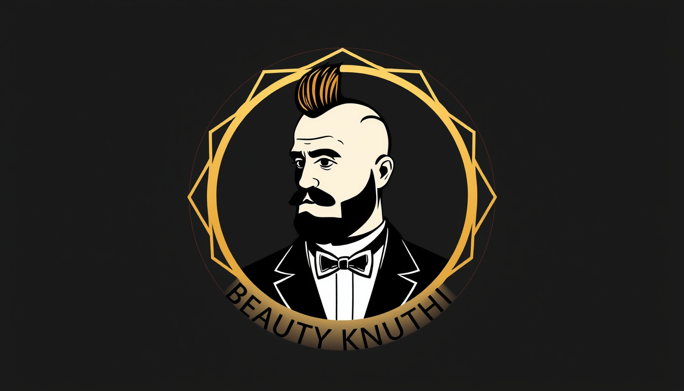 Main art studio: A circular luxury emblem logo for a beauty salon called "Beauty Knuthi". Inside a gold geometric circle is a stylized black silhouette of a man with a