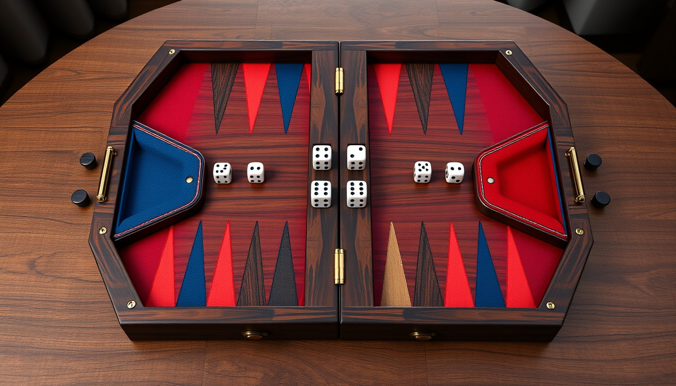 Main art studio: Photorealistic luxury product photo of POCKETS, a premium 2-player dice game, opened flat on a table. Mahogany wood, red and blue leather/felt, brass