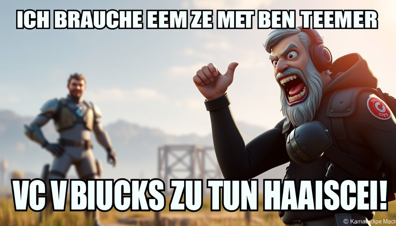 Meme idea: meme image, bold funny visual, exaggerated expressive subject, space for caption, Ich brauche memes die mit dem thema fortnite und V bucks zu tun habe