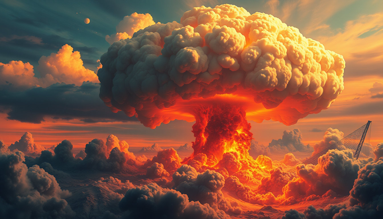 Wallpapers idea: wallpaper artwork, wide atmospheric scene or bold pattern, high detail, huge atomic explosion with huge mushroom cloud 1000 kilo-tonnes of diplomacy a