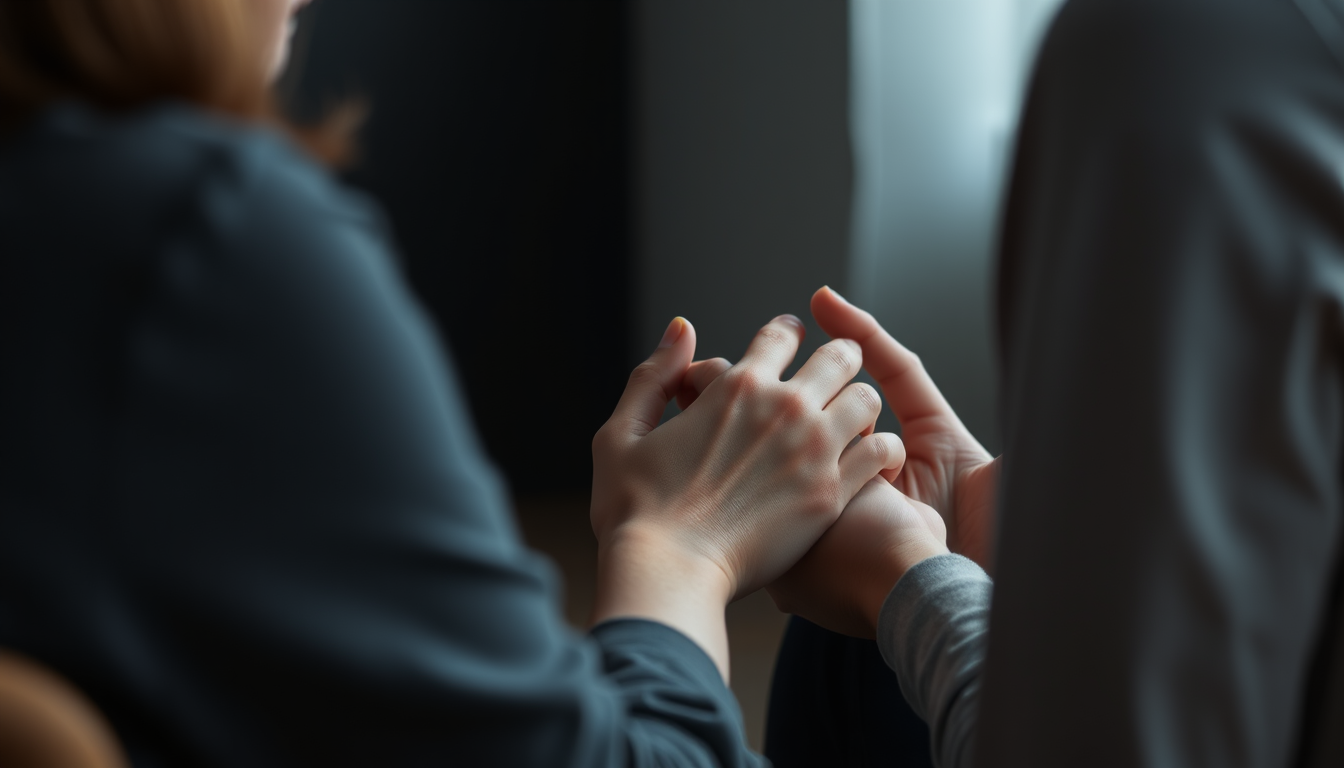 Main art studio: conselling picture intimate composition, subdued natural lighting, dark softly blurred background, shallow depth of field and documentary photography