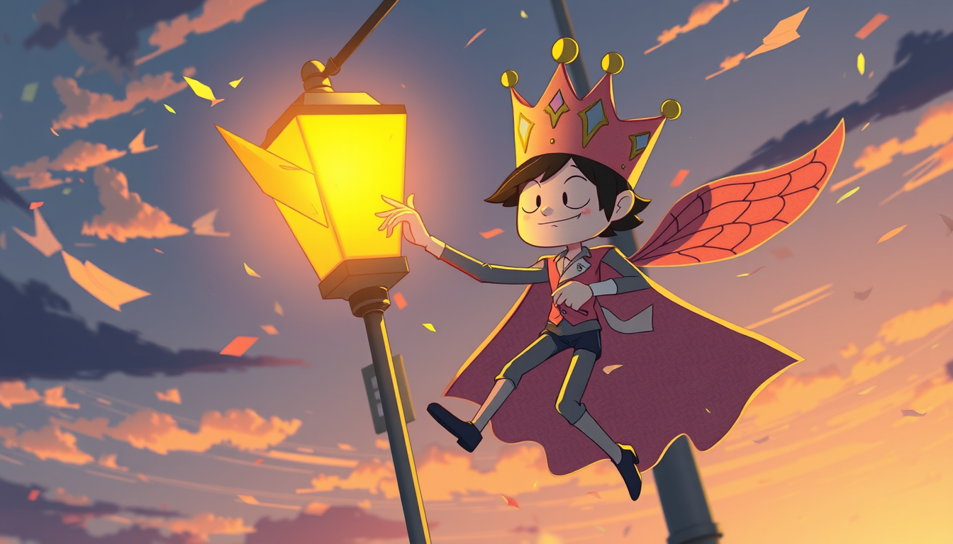 Main art studio: A 3D comic of a paper princes named princes scrap was in the breeze grabbing onto a streetlight while fluttering in the wind