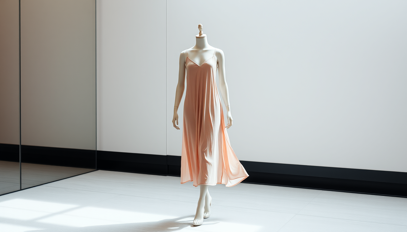 Main art studio: A slip dress on a mannequin. The mannequin walks to show it off