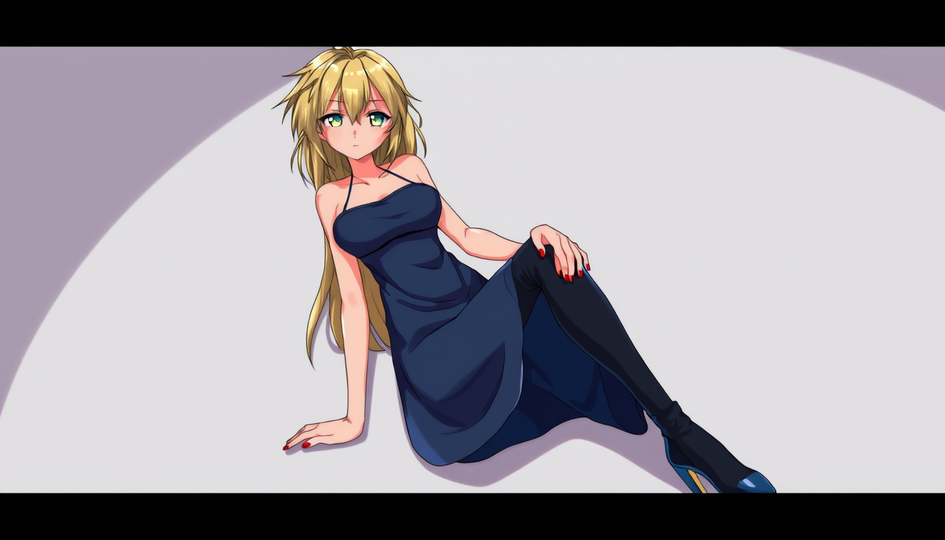 Main art studio: ANIME MAKE HER HAIR BLONDE & MESSY. MAKE HER EYES YELLOW. MAKE HER SKIN PEACH PALE. MAKE HER WEAR DARK BLUE COLOURED TIGHT-FITTING PANTS, SLIGHTLY LIG
