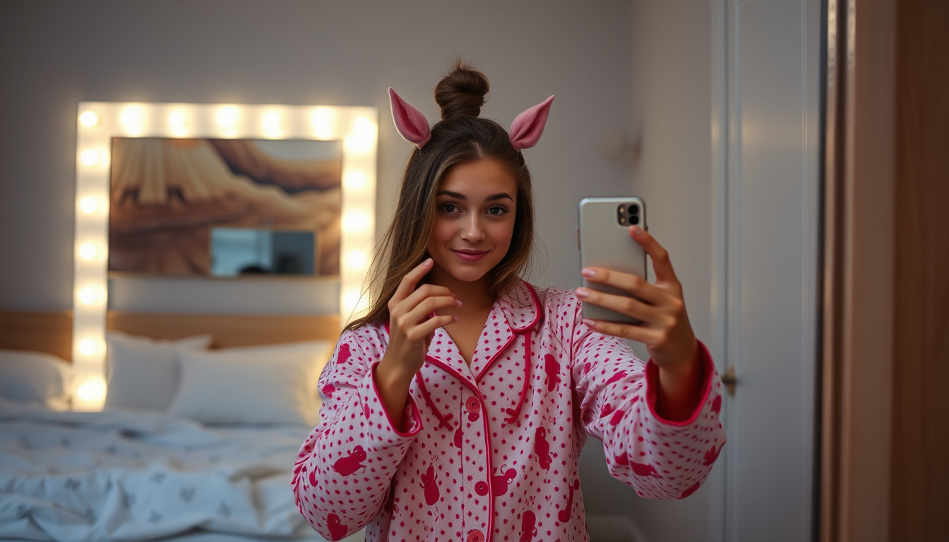Main art studio: Fais une fille debout en pyjama, elle se prend en selfie miroir et il fait nuit , s est cheveux son en queue de cheval