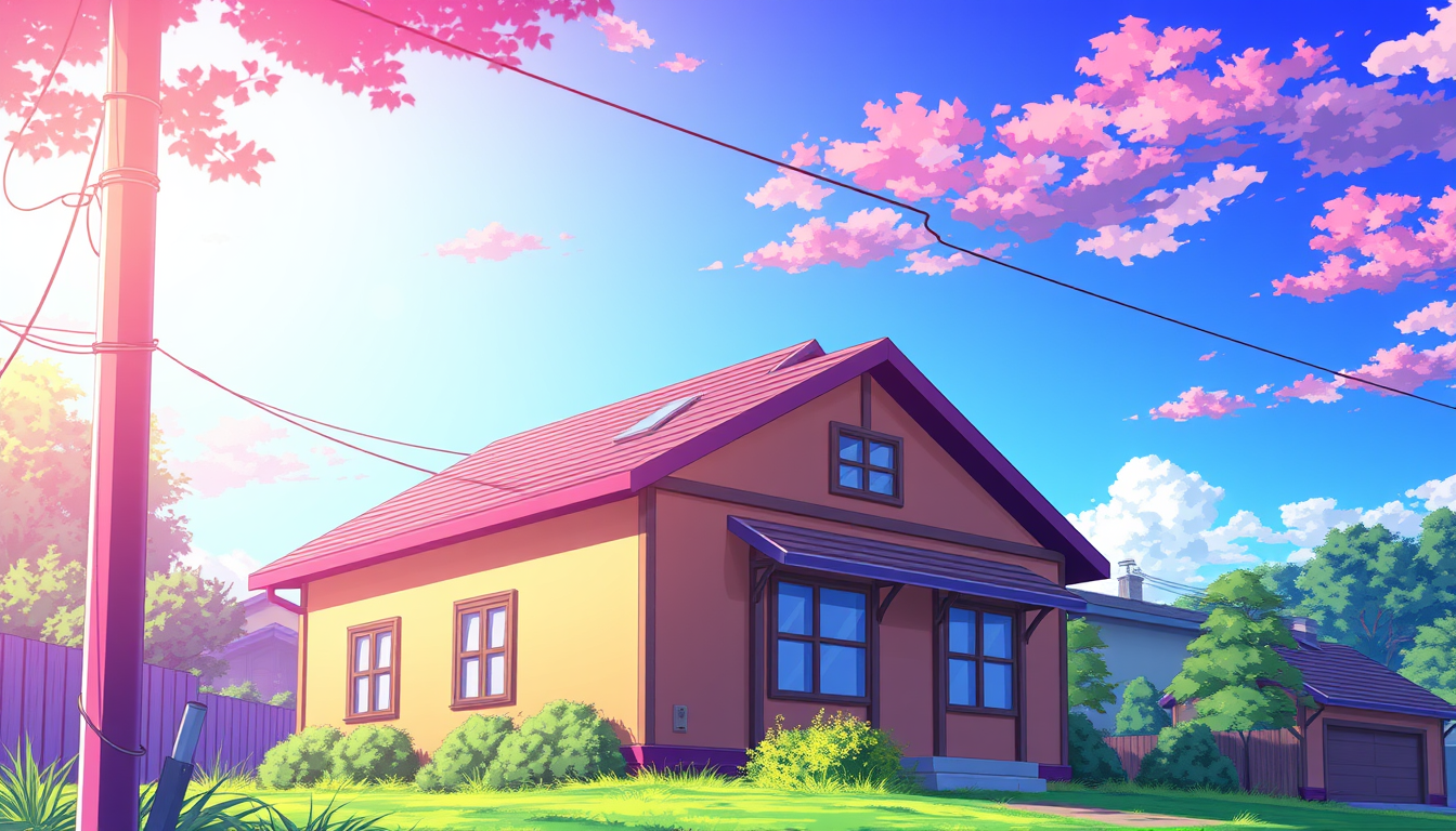 Anime idea created from the prompt: anime style, vibrant colors, expressive eyes, animescreencap, anime coloring, subrub, blue sky, house, no characters, scenic background, , d