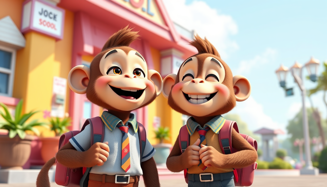 Main art studio: Cute funny 3D cartoon monkey and his monkey friend laughing together outside their colorful school, both wearing school uniforms and carrying school b