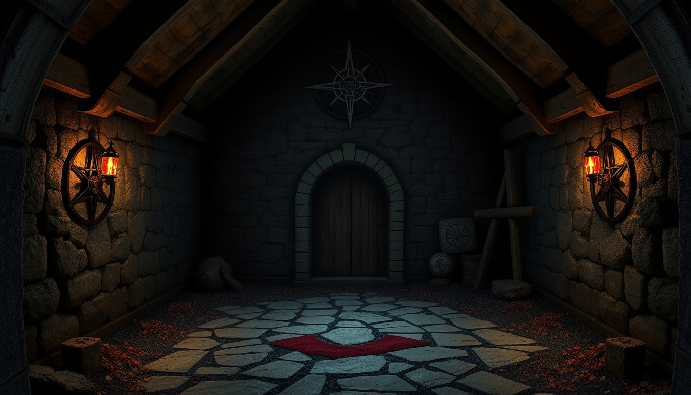Main art studio: Innenansicht eines Hausen Keller dunkel mit Satanischen Symbolen