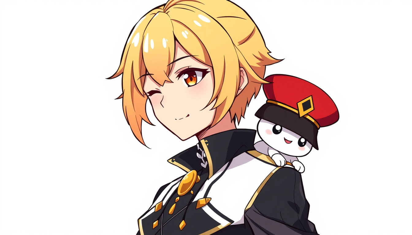 Main art studio: Anime gaming avatar, clean 2D manga illustration, hand-drawn look, bold black outlines, simple cel shading, golden blond gradient hair, warm brown gra