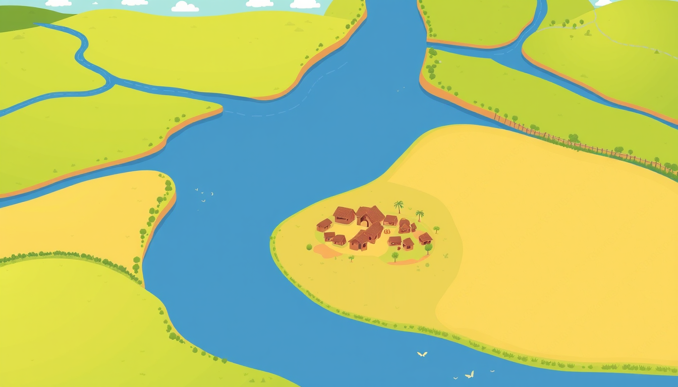 AI Art prompt example created from the prompt: Child-friendly flat illustration of a Stone Age landscape in bird’s-eye view, landscape format. A river winds from the top left to the botto