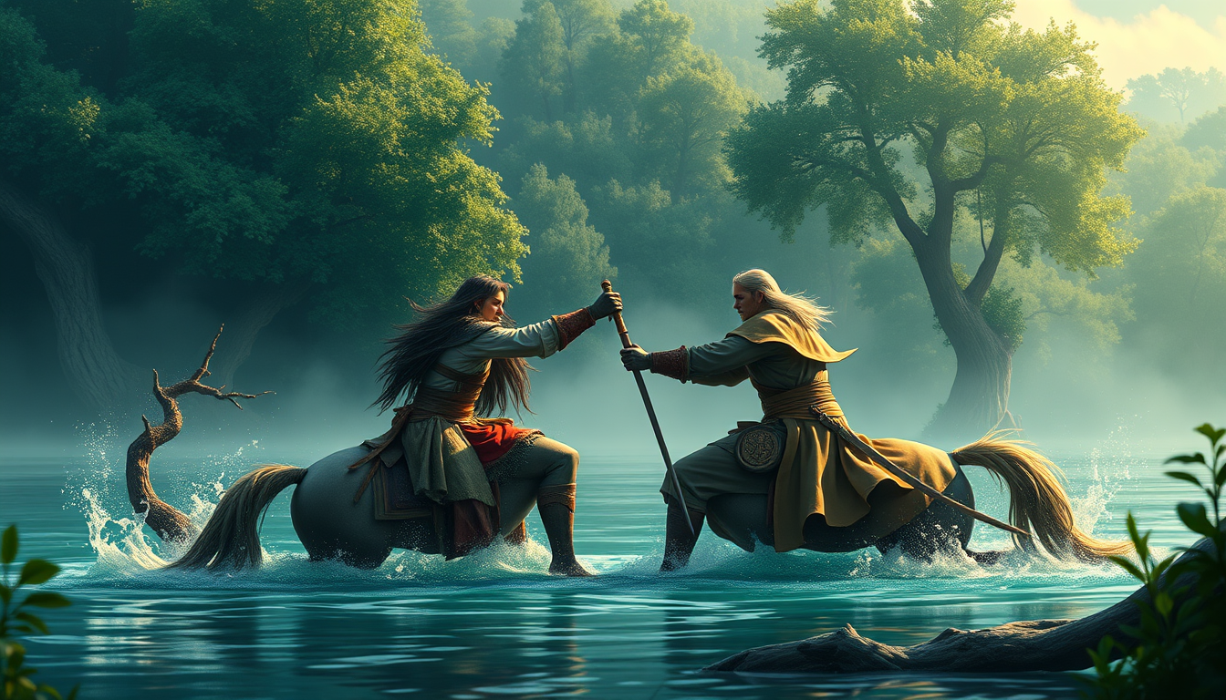 Main art studio: Ahora aslo pero peleando ah espaldas y escudos entre ellos Pero estén en una tabla y abajo haya como un tipo lago se cocodrilos peleando los dos cabal