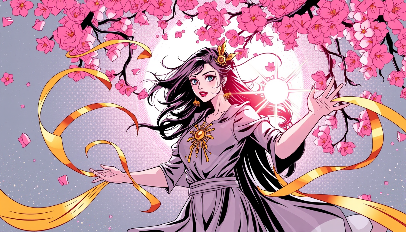 Comic Book idea created from the prompt: comic book style, bold lines, halftone dots, a magical girl transforming under cherry blossoms, golden ribbons swirling , Marvel/DC style il