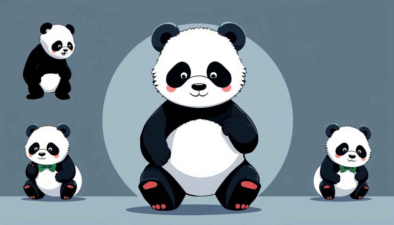 Characters idea: an original character defined by silhouette, role, outfit, palette, and expression, deliberate composition, A cute little panda give me 4 pictures , p