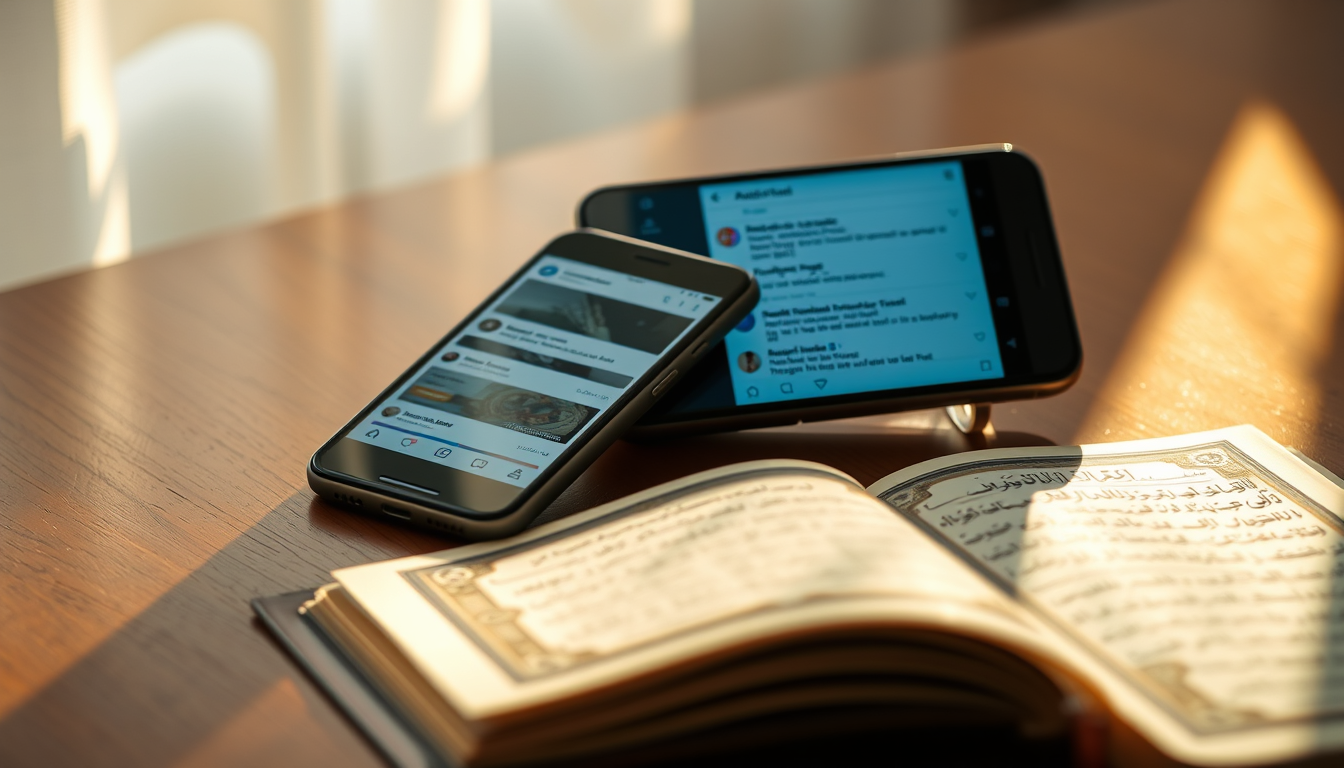 Main art studio: A smartphone on a wooden table displaying blurred social media feeds while an open Holy Quran lies beside it glowing softly under warm sunlight, symbo