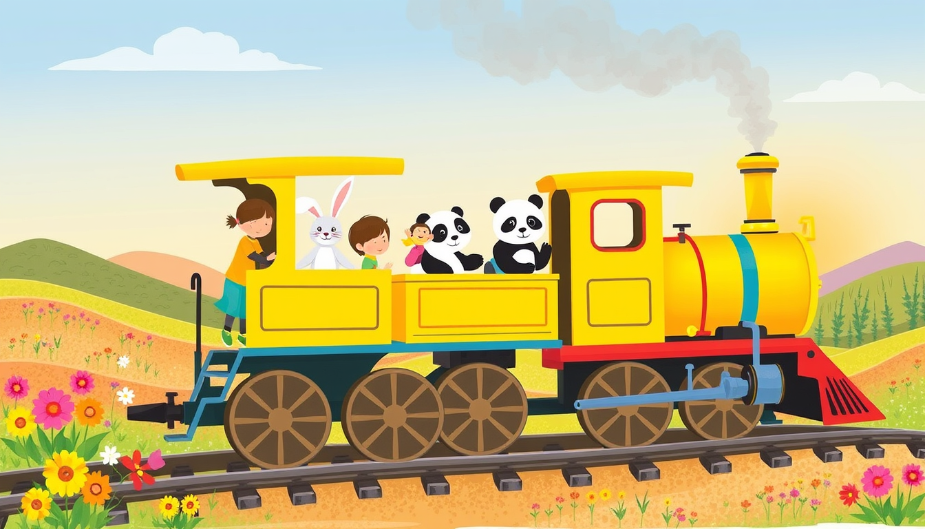 Main art studio: 🚂💛 **Yellow Train, Choo-Choo!** A bright yellow train arrives at a magical station. Two children climb aboard with a bunny, panda, and monkey. The t
