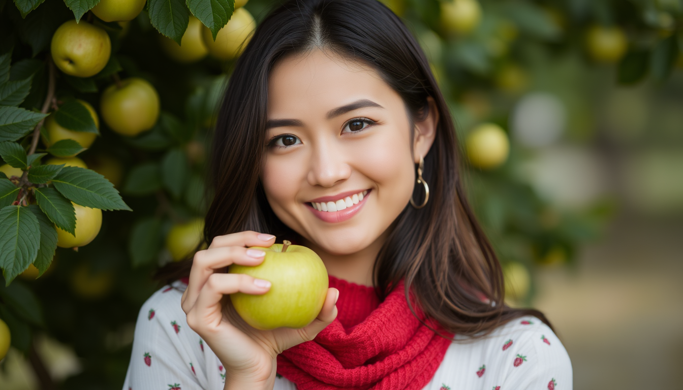 Main art studio: beatifull woman, holding green apple