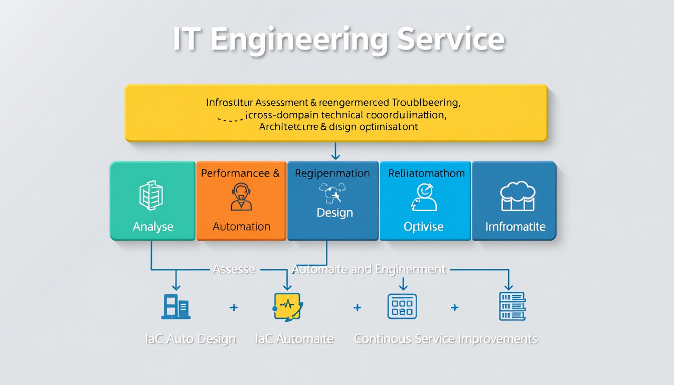 Main art studio: Professional technical infographic titled “IT Engineering Service”. Top: Infrastructure Assessment & Re-engineering. Center: Advanced Troubleshooting,
