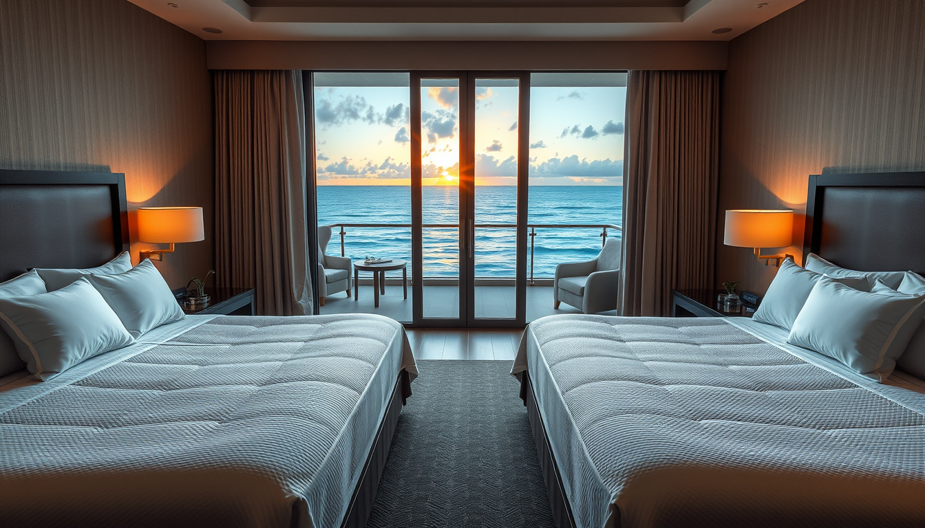 AI Art prompt example created from the prompt: Photorealistic wide-angle architectural photograph of an entire luxury Honolulu hotel bedroom, viewed from a corner near the entrance. BOTH 