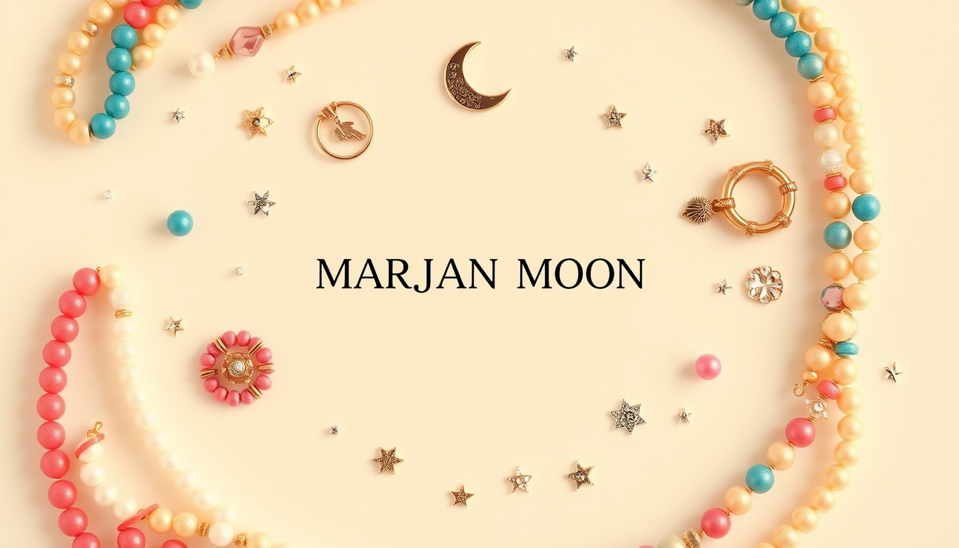 Main art studio: MARJAN MOON, dreamy cute jewelry aesthetic, perfectly round composition, soft cream background, beautiful stylish MARJAN MOON text in the center, surr