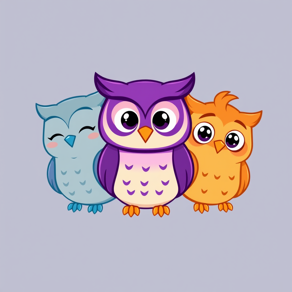 Main art studio: Modern university study app mascot, exactly three adorable cartoon owls side by side. Heads slightly turned toward the center, with natural spacing. L