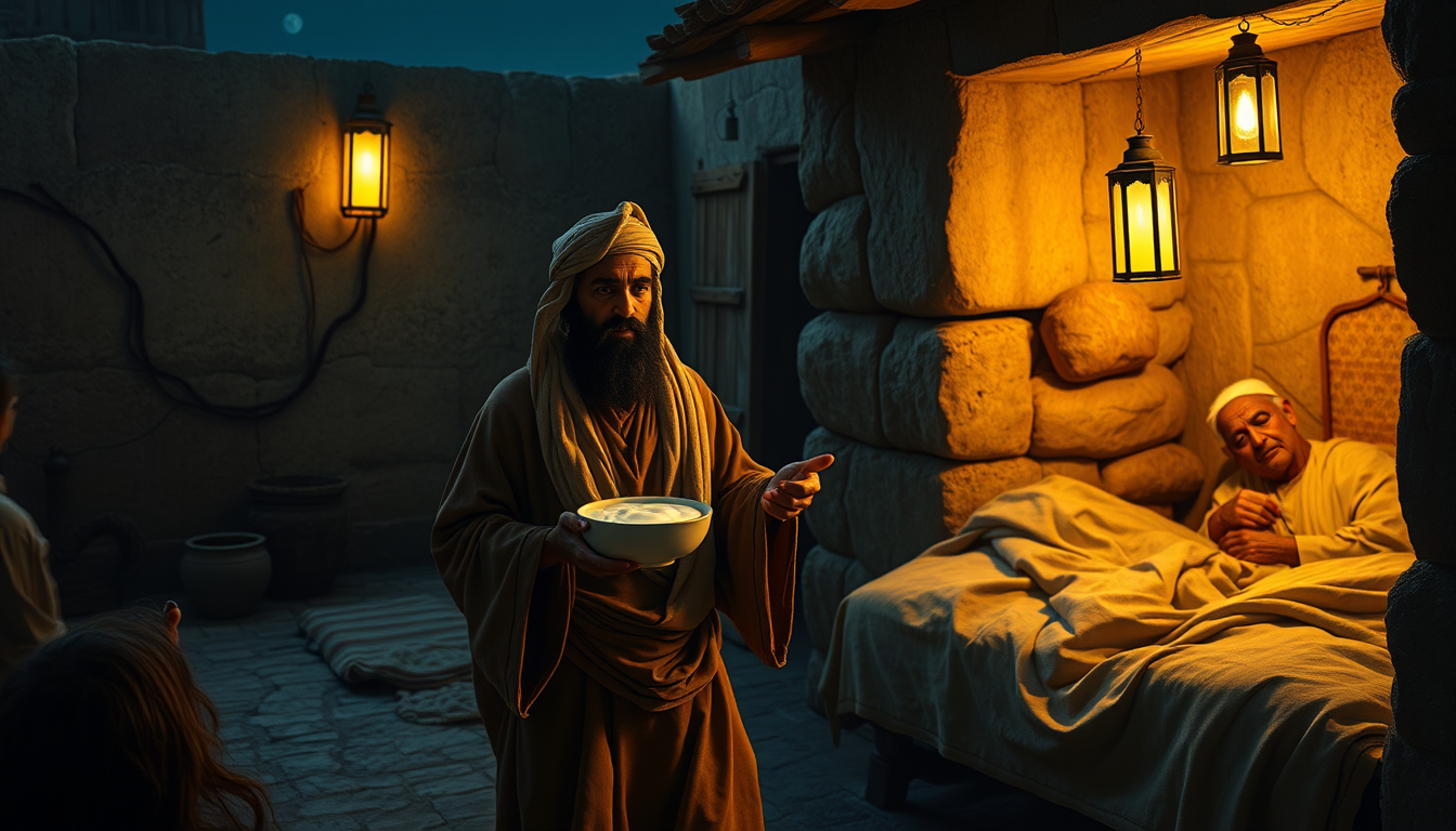 Main art studio: Ancient Arabian man returning home at night with a bowl of fresh milk for his elderly parents. His parents are sleeping peacefully, while his young ch