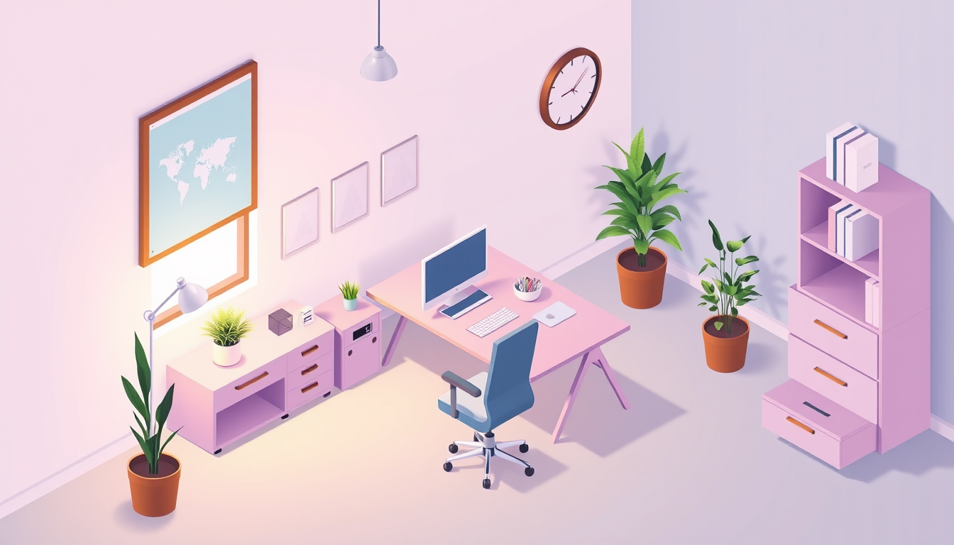 Main art studio: isometric office workspace, soft pastel tones, minimal vector art