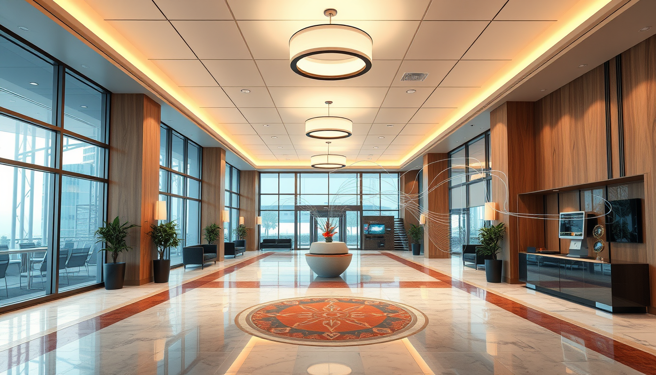 Main art studio: A realistic 2D hotel lobby. Show the finished lobby, then remove the visible ceiling and wall finishes to reveal the hidden IT infrastructure: organiz