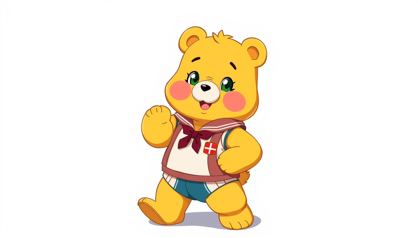 Anime idea: anime style, vibrant colors, expressive eyes, Un bisounours jaune (care bear) corps entier dans une pose dynamique kawai avec une tenue d'étudiante, s