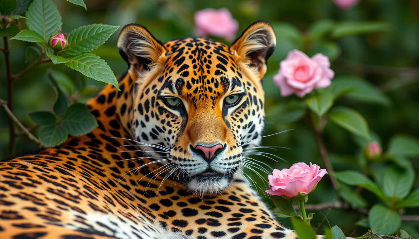 Main art studio: Mache mir einen Leoparden von etwas weiter weg, der nicht schräg guckt, der süß ist und der eine rosanen Schleife am Hort, der soll ganz ganz wichtig