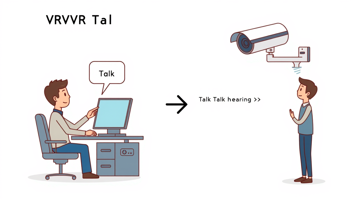Main art studio: Create a simple 2D cartoon-style NVR Talk workflow. Left: one person sitting at one PC only, clicking the highlighted “Talk” button. No extra PC or mo