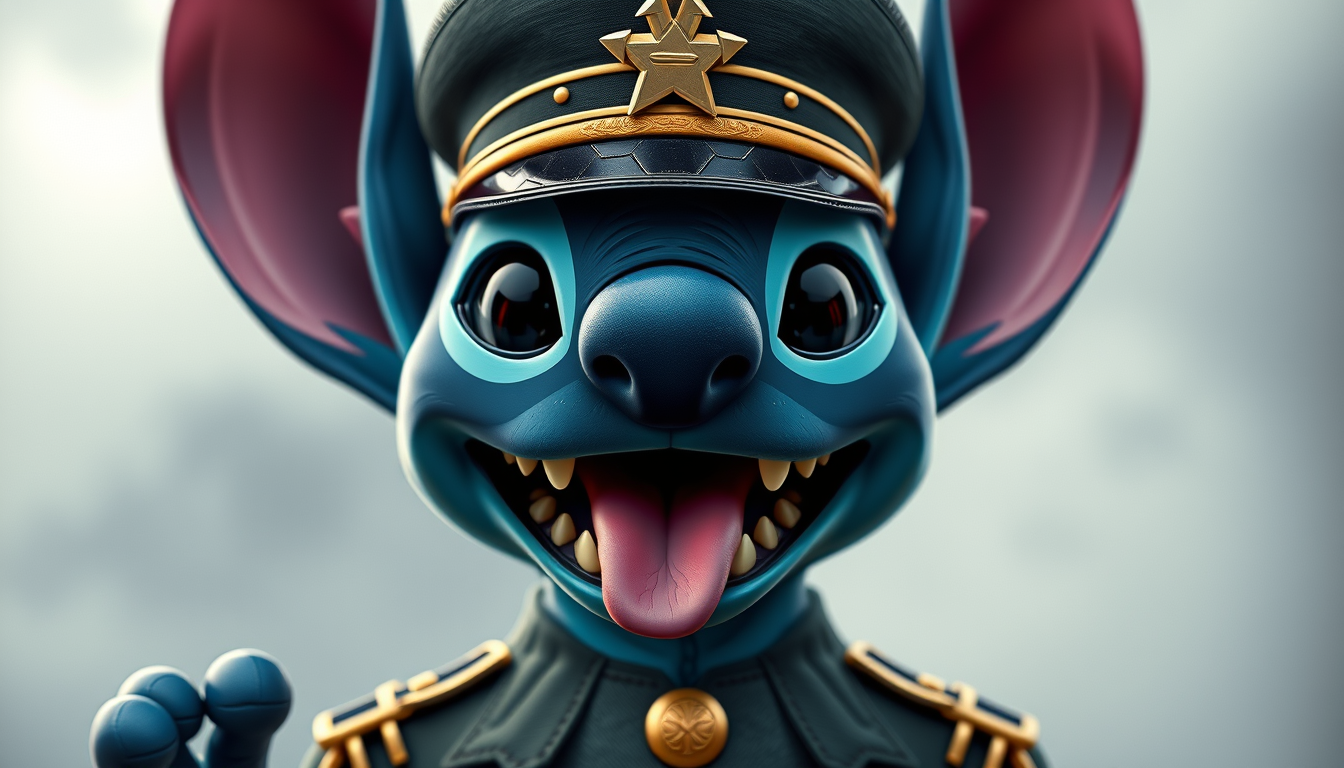 Main art studio: Criar uma imagem de um Stitch com uma farda militar (idêntico a um ditador ) a inspiração pode ser o meme do mbape ditador