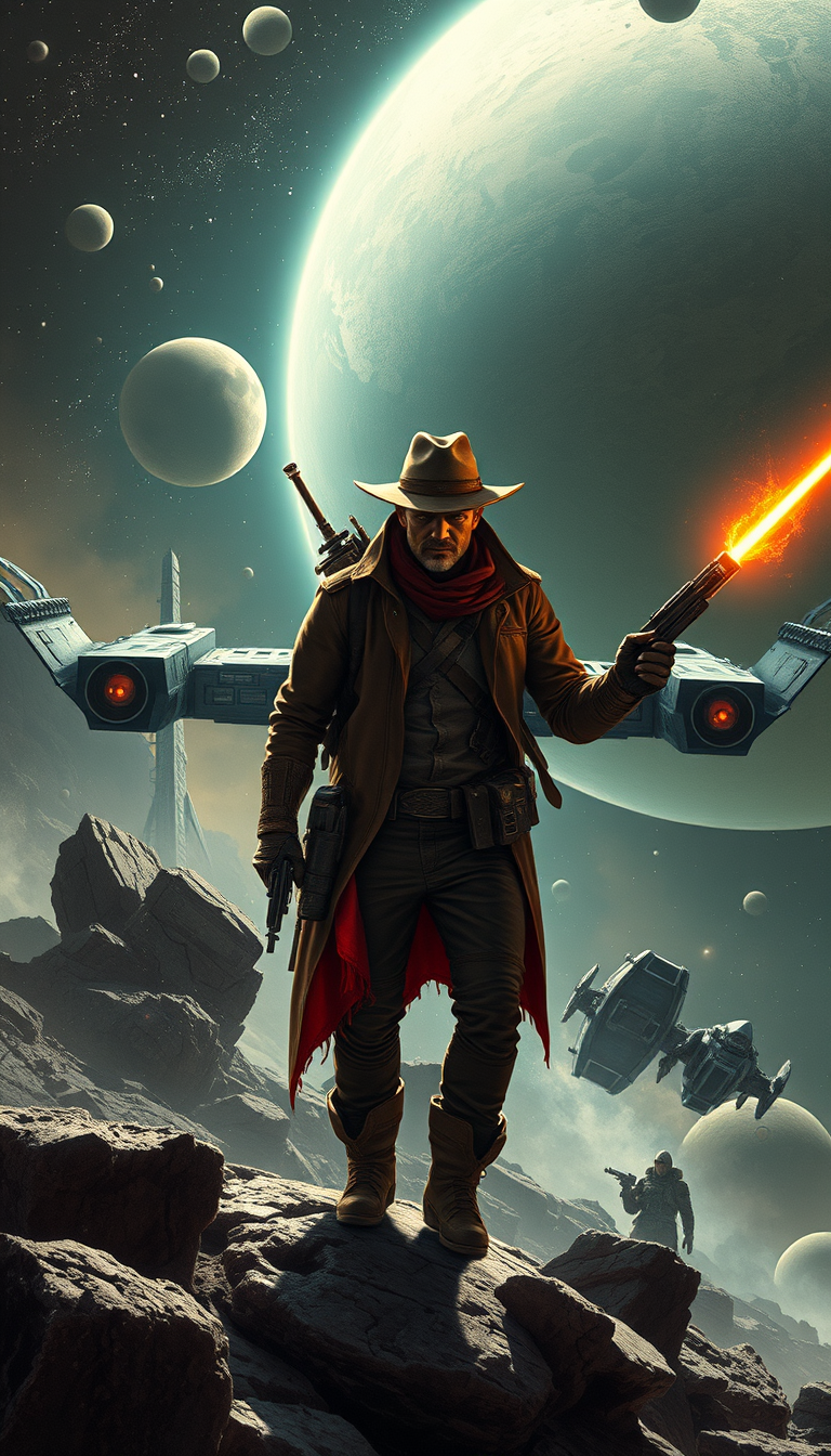 Main art studio: In the distant future, the galaxy is ruled by corporations, bounty hunters, and outlaws. Cole Ryder, a lone space cowboy, travels from planet to plane