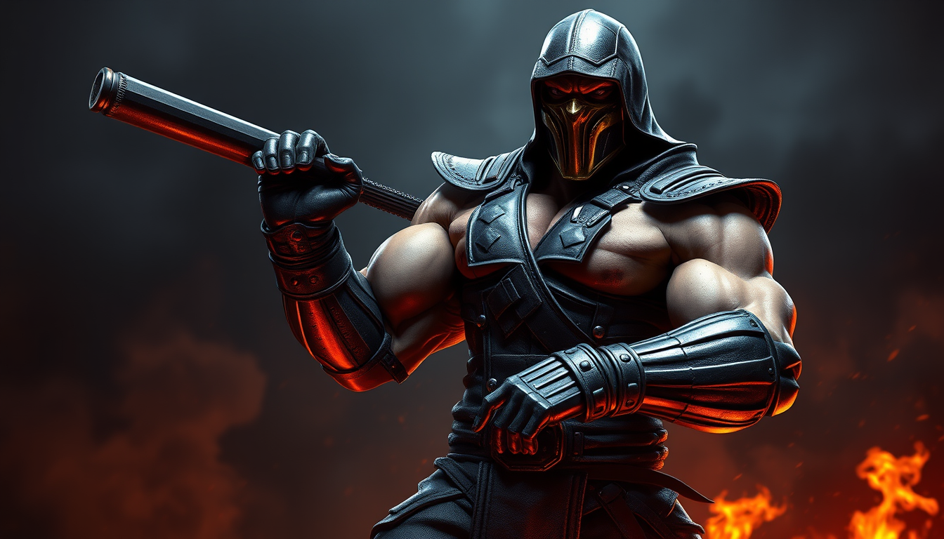 Main art studio: ase un personaje estilo mortal kombat que su piel sea de metal que sea grande y musculoso sin fondo sin armas