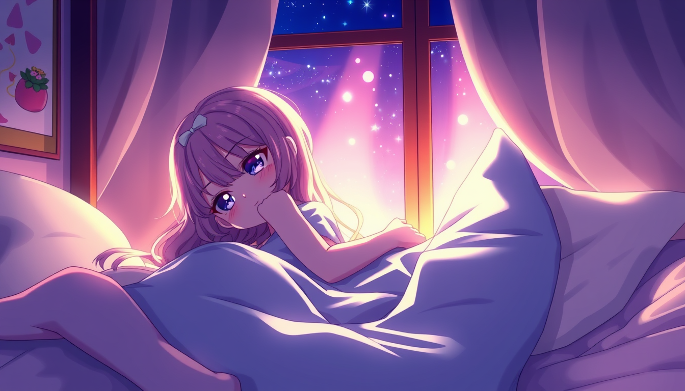 Anime idea: anime style, vibrant colors, expressive eyes, Animer fille allonger sur le ventre dans le lit , detailed anime illustration