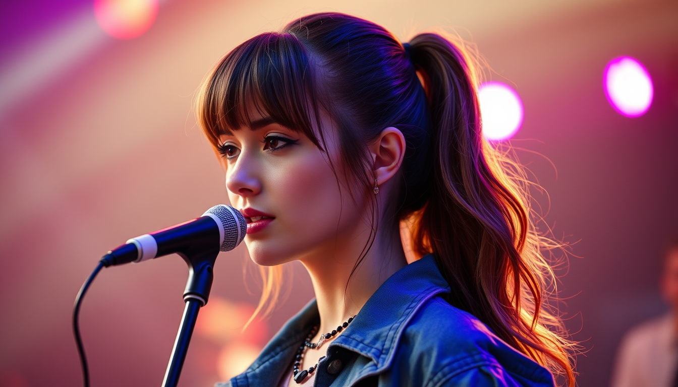 Main art studio: Like a beaun hair girl with a bang and a ponytail dressing up for a concert