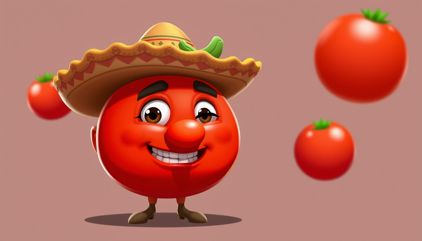 VTuber idea: vtuber avatar character, anime style, expressive face, streaming-ready design, big old tomatoe with a mexican hat , clean vtuber model illustration