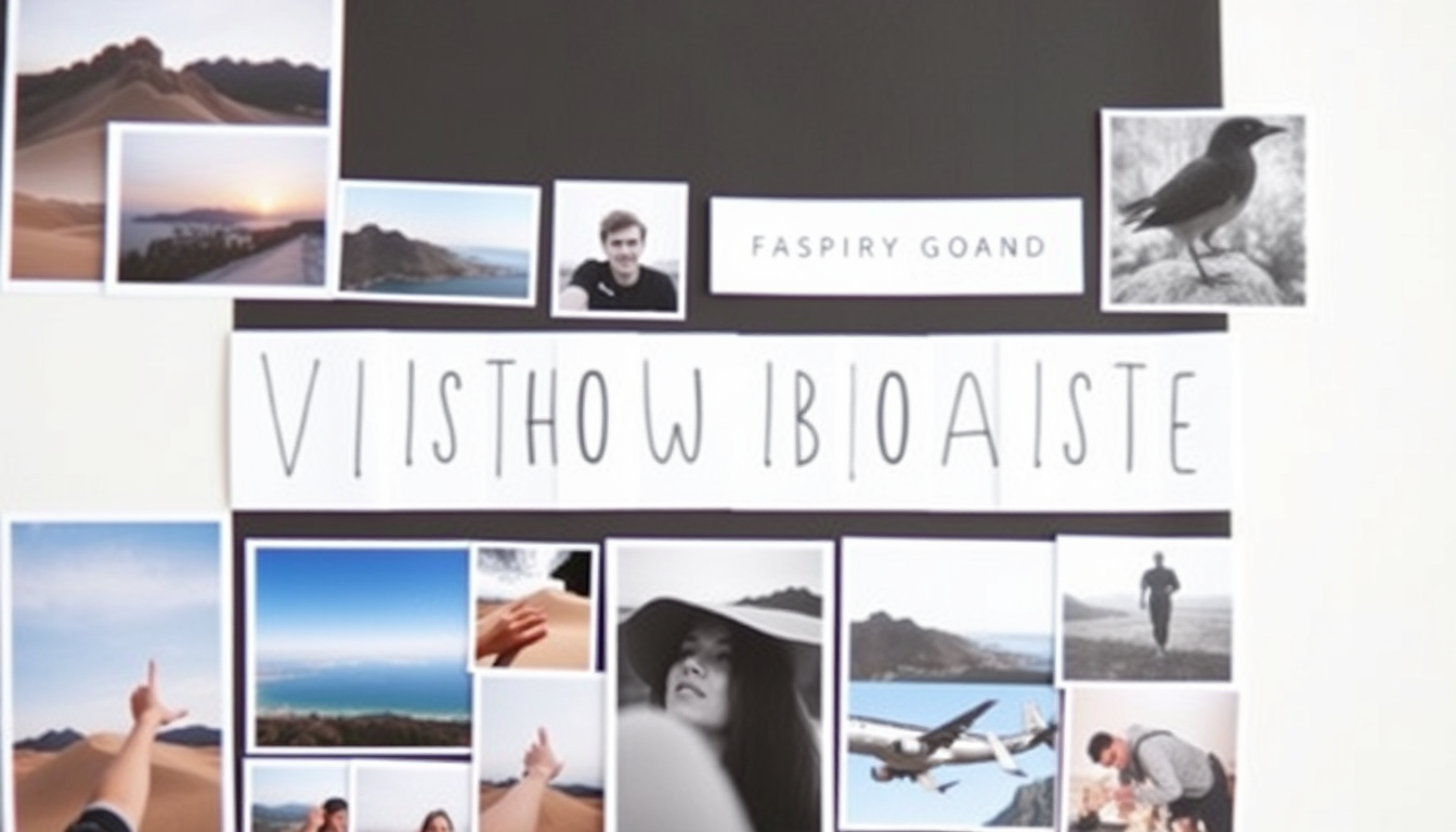 Vision Board idea: vision board collage, aspirational images, organized mood board layout, magazine cutout style, टाईम ट्रॅव्हलिंग डिवाइस , cohesive goal board artwork,