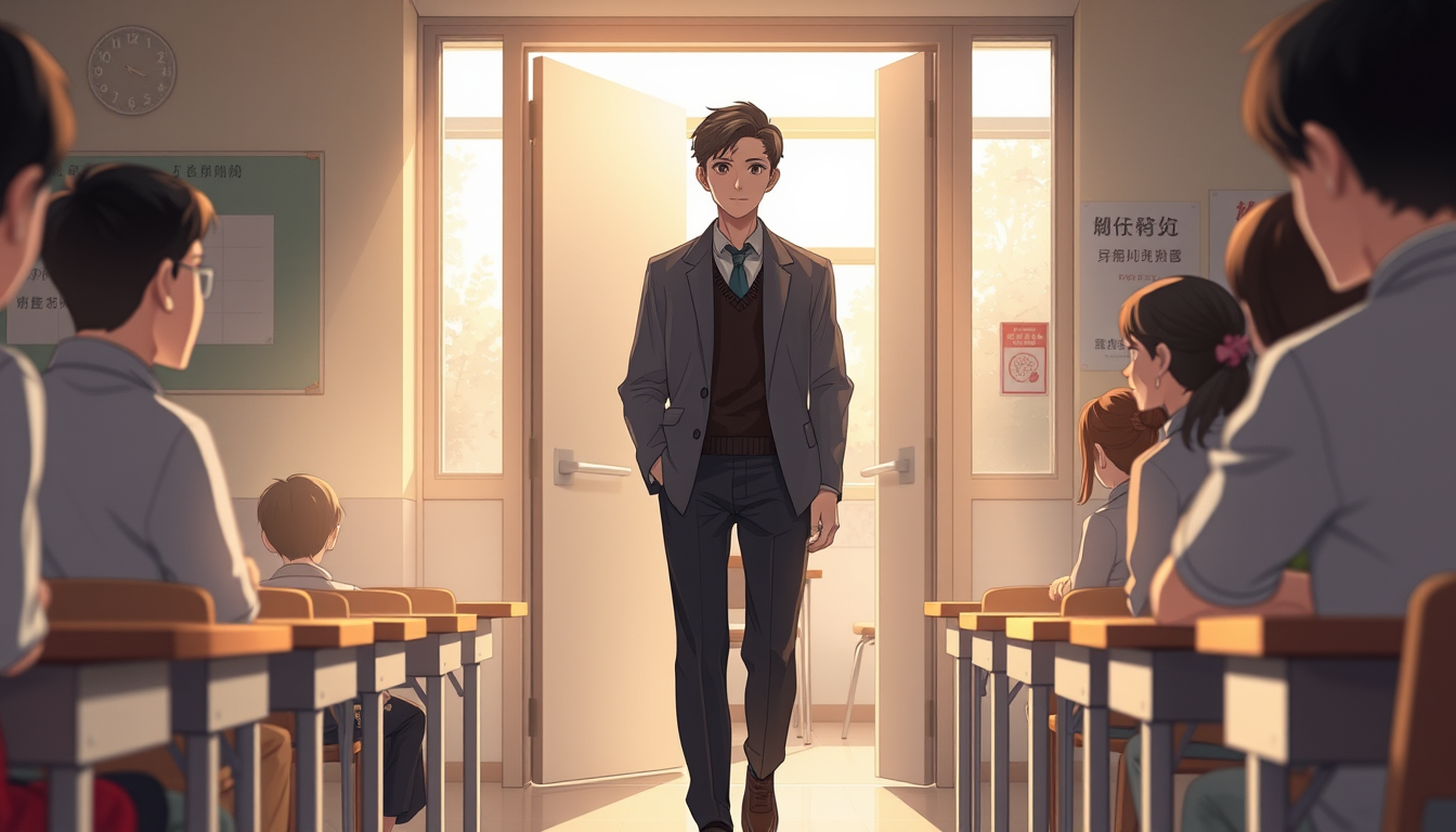 Main art studio: Su Chen enters a modern high-school classroom after being rejected by Tang Yue. He walks through the doorway with a calm, confident expression, no lon