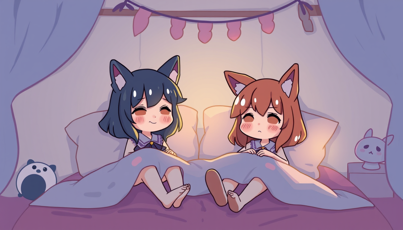 Main art studio: 2 cute animal girls making a sleepover