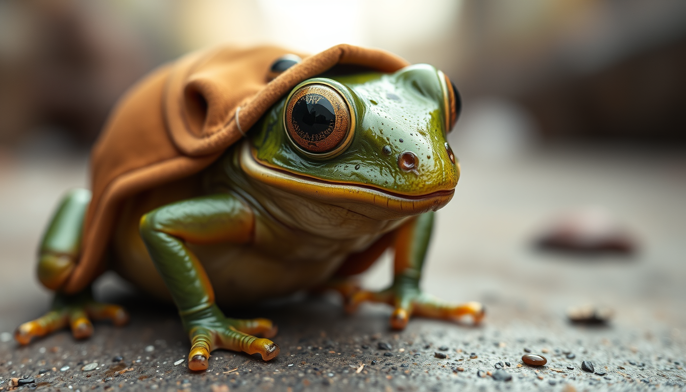 AI Art prompt example created from the prompt: une très grosse grenouille avec un costume ou il y a un seul bouton fermé
