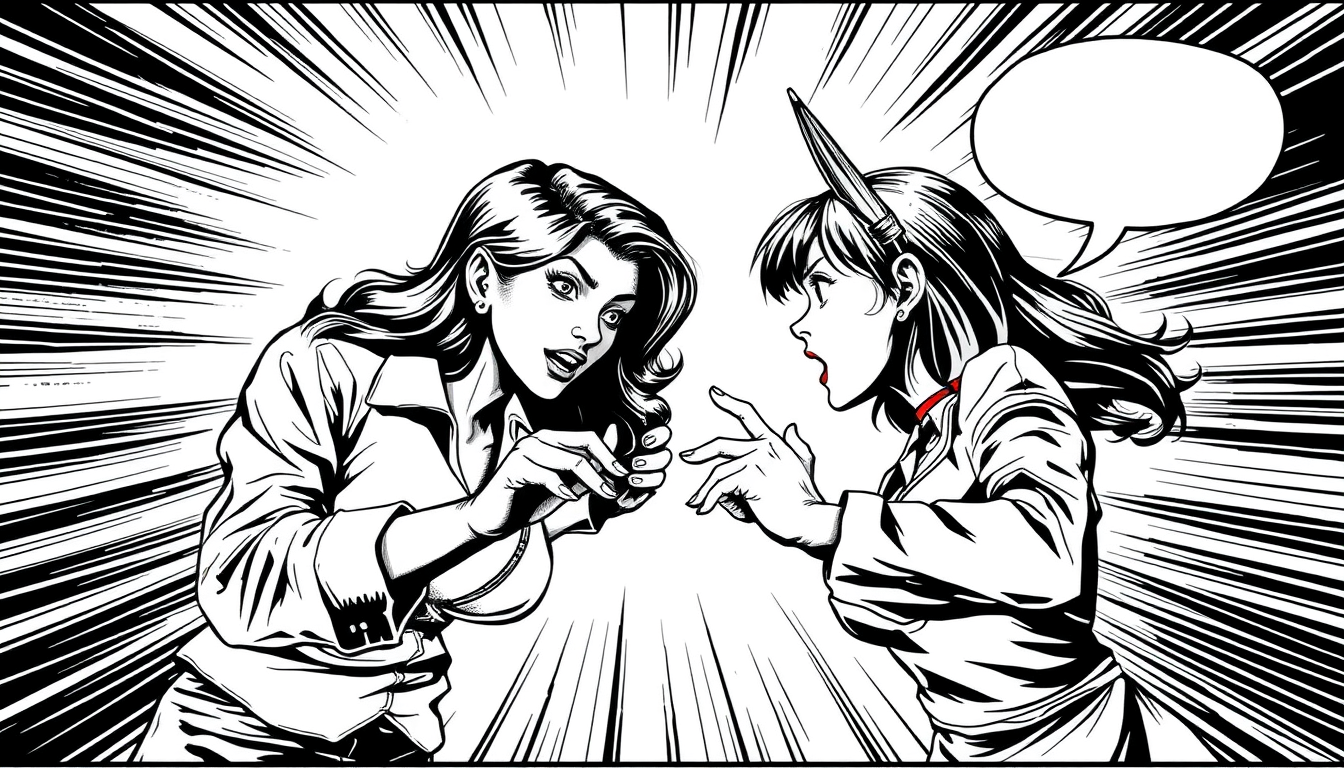 Comic idea: comic panel, bold inks, halftone shading, speech-bubble ready composition, profesora muy hermosa de 29 años estaba regañando a su alumno de 19 pero de