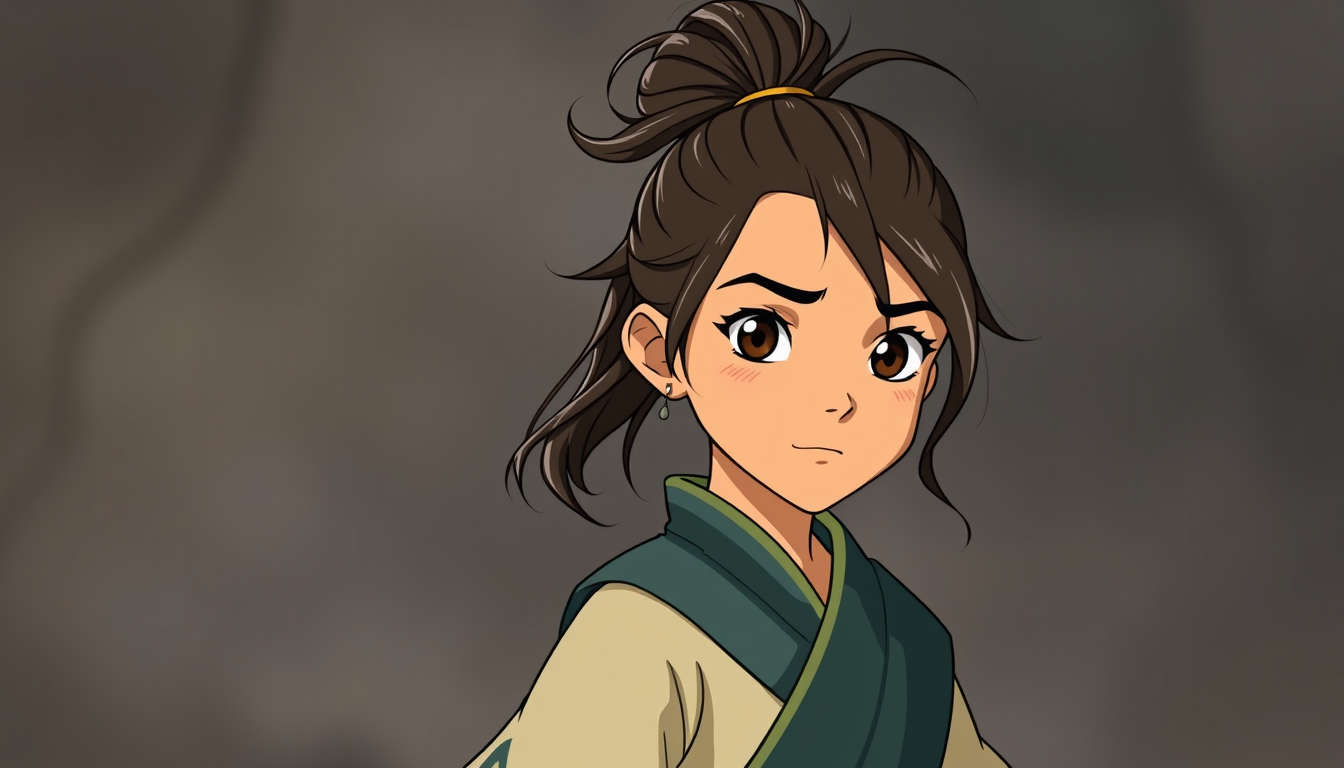 Main art studio: Can you generate an image of a 10-year-old girl from *Avatar: The Last Airbender* wearing a Southern Water Tribe outfit, with messy curls tied up in a
